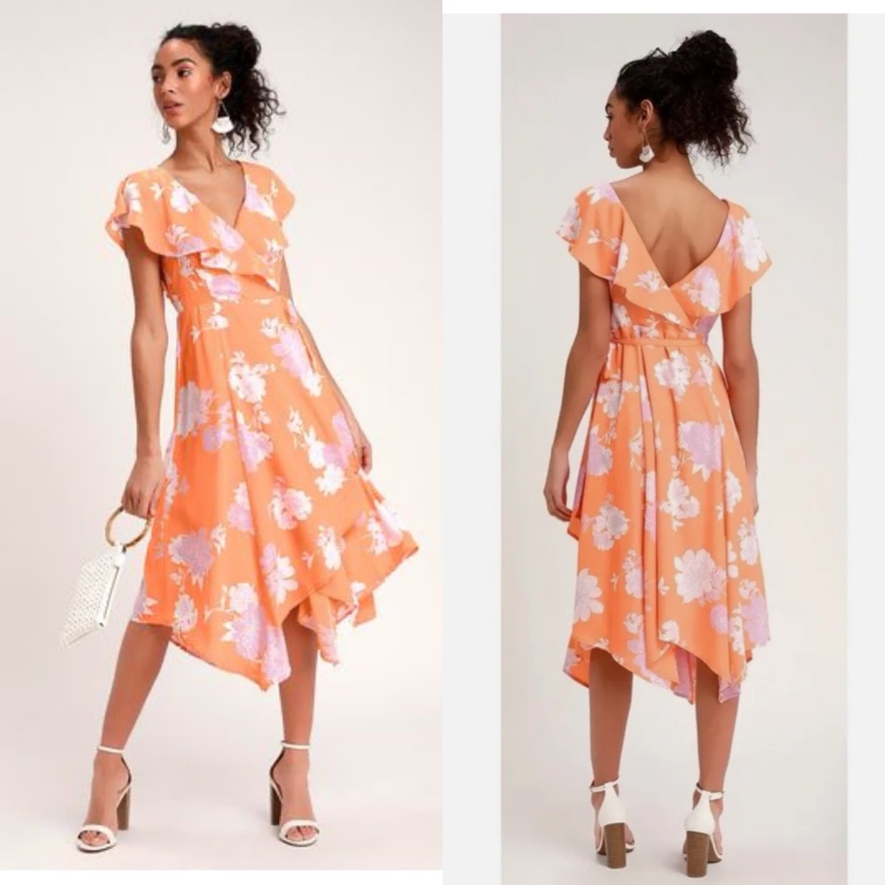 New Lulus Sz XS Garden of Joy Light Orange Floral Print Ruffled Wrap Dress Women